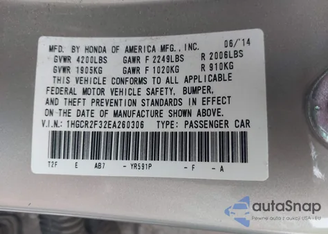 2014 Honda Accord Lx z USA, uszkodzony, nr VIN 1HGCR2F32EA260306